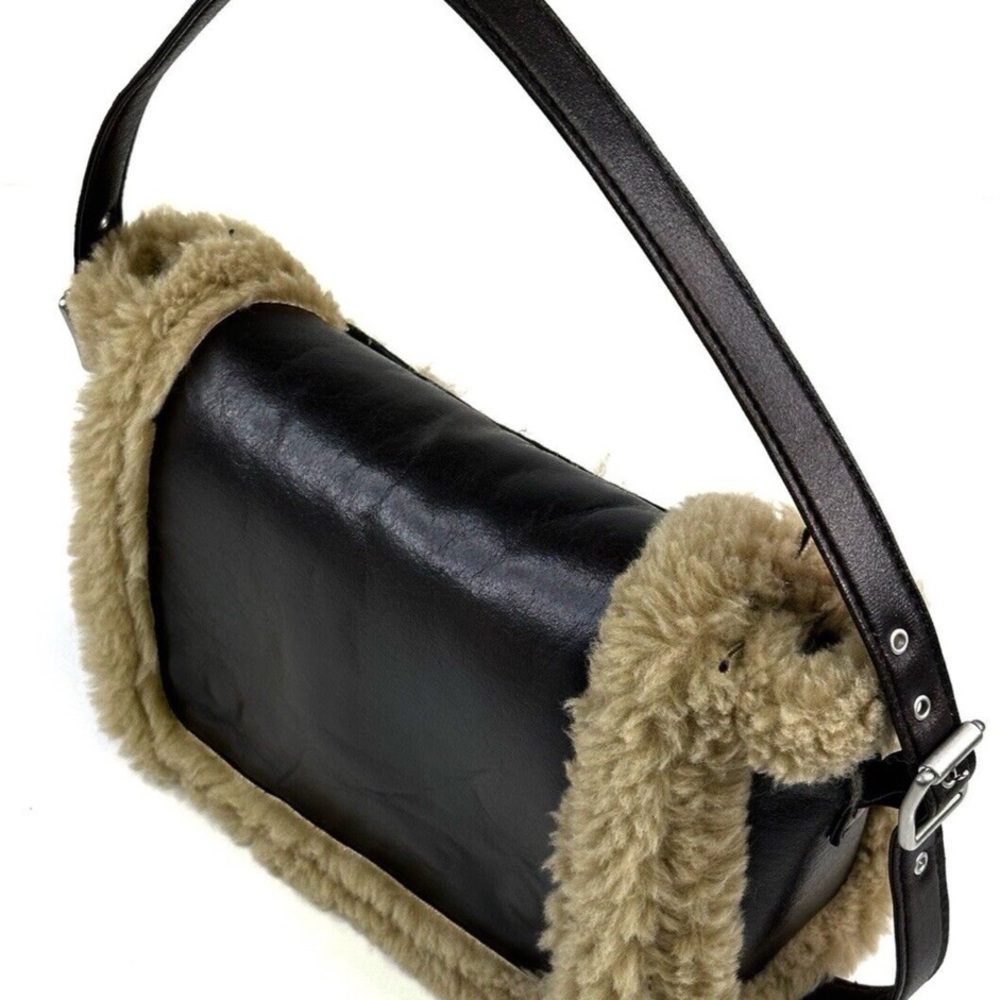 Shearling Trim Brown Leather Shoulder Bag